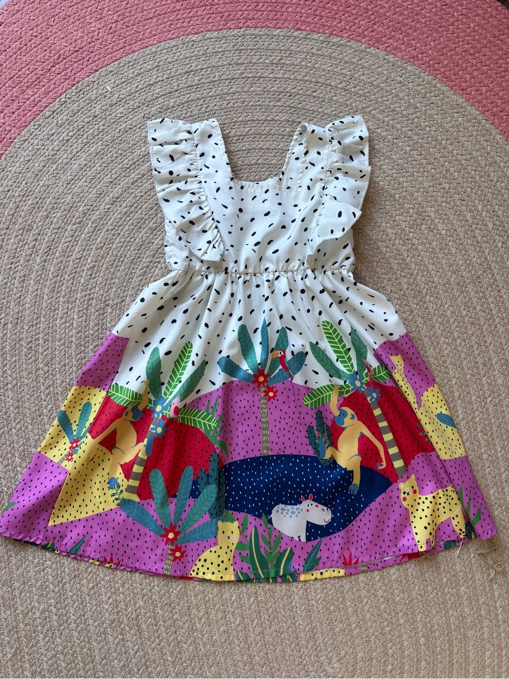 Colorful Bright Colored Jungle Print Ruffle Girls’ Dress Size 6